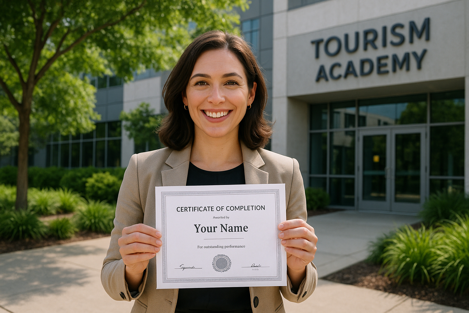 Femme confiante avec certificat devant bâtiment moderne