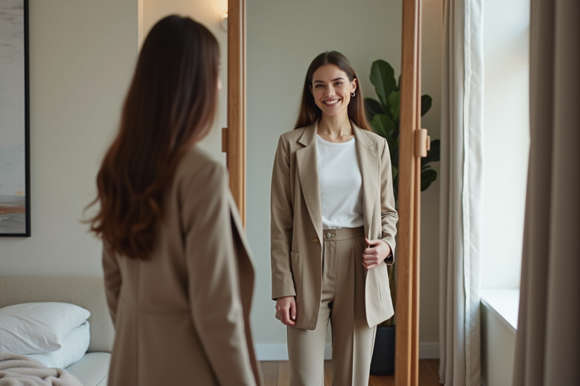 Femme élégante essayant un blazer dans un appartement moderne