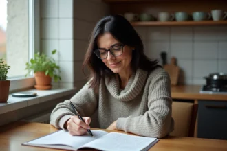 Femme d'âge moyen faisant un mots croisés dans sa cuisine serbe