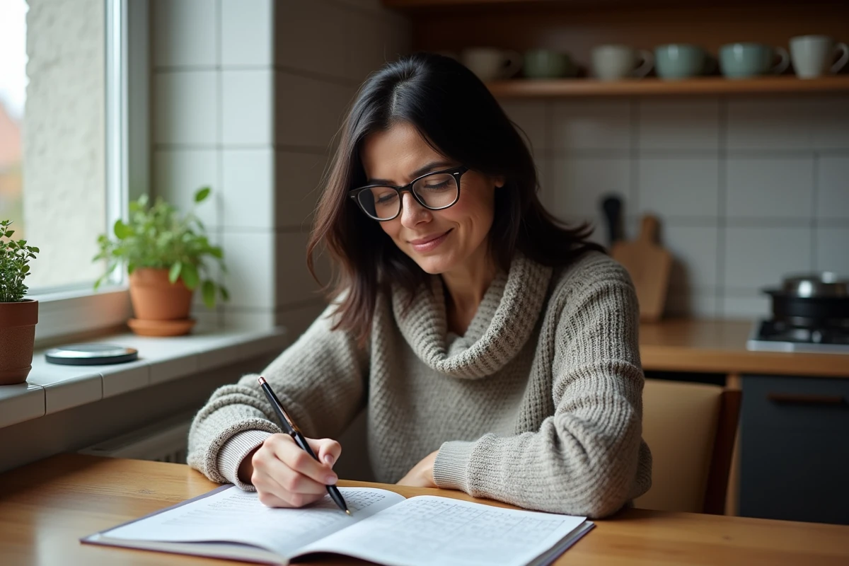 Femme d'âge moyen faisant un mots croisés dans sa cuisine serbe