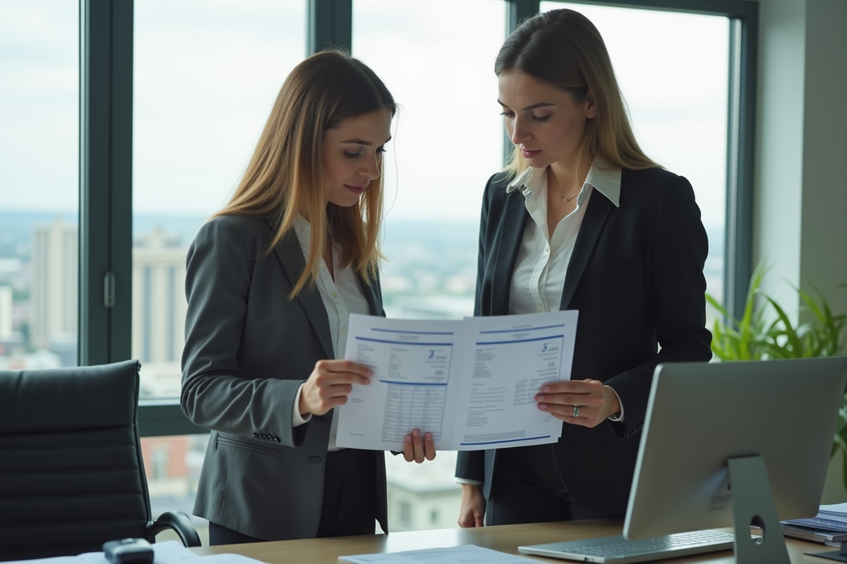 Femme en blazer discutant de documents fiscaux avec un comptable