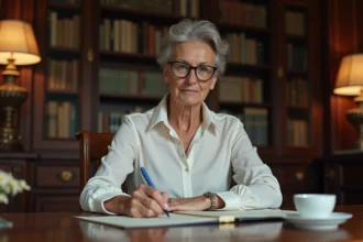 Femme française écrivant une lettre dans un bureau élégant