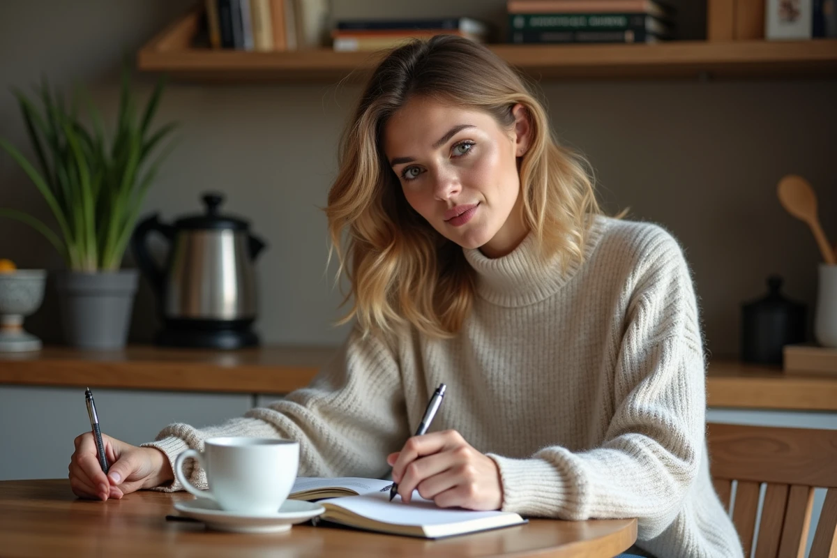 Femme écrivant à la maison avec livre de grammaire française