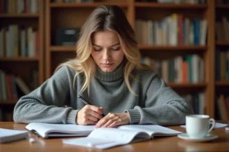 Femme étudiant la conjugaison française avec un manuel de grammaire ouvert sur un bureau en bois