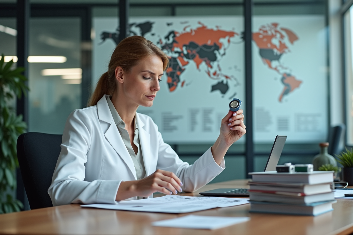 Femme européenne analysant une batterie dans un bureau industriel
