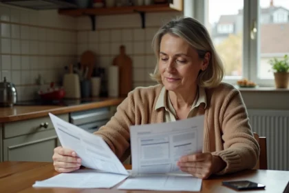 Femme française âgée lisant des papiers dans la cuisine