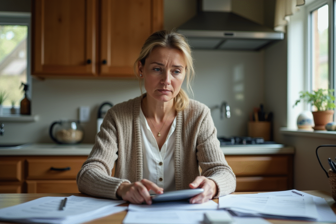 Femme d'âge moyen examinant des papiers dans la cuisine