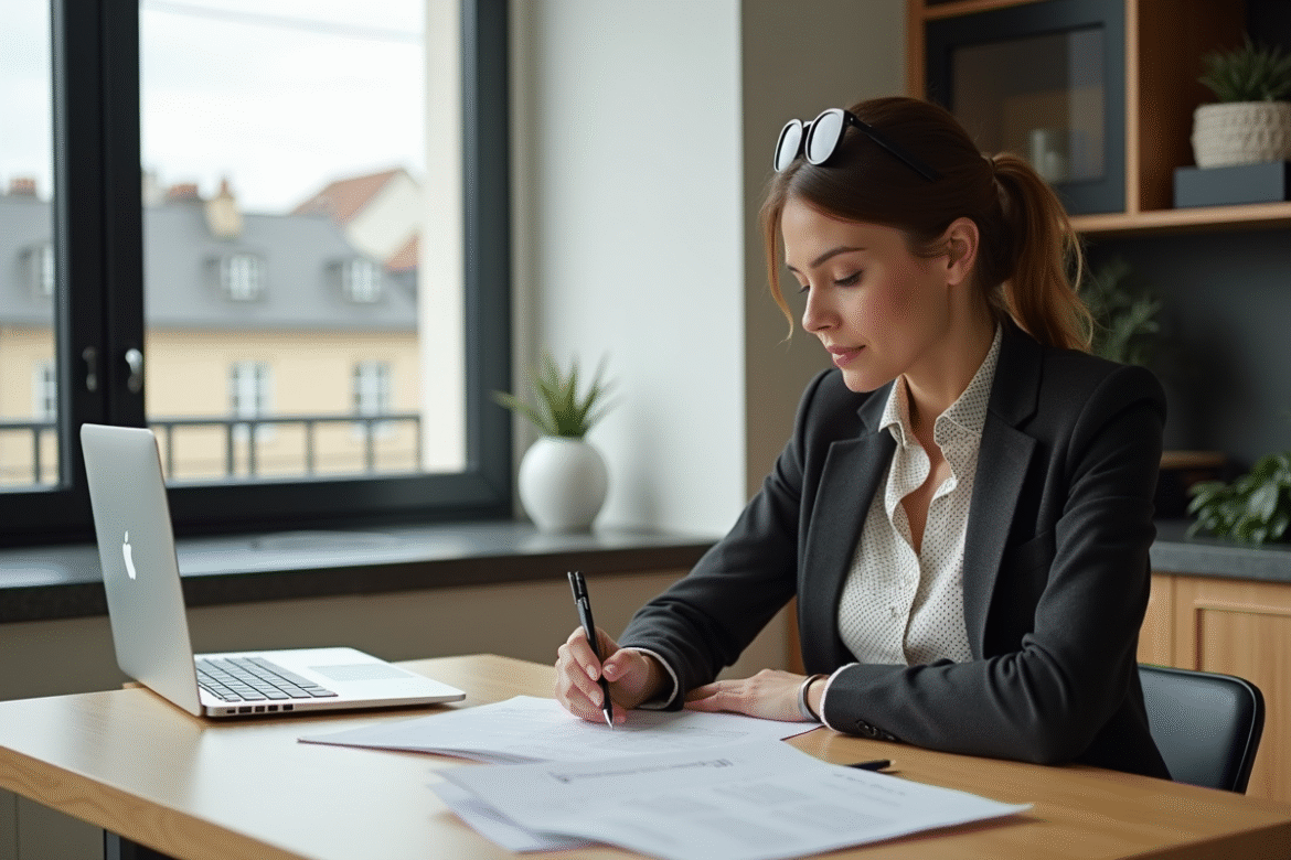 Femme d affaires française étudie documents hypothécaires