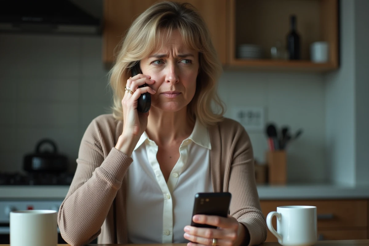 Femme inquiète au téléphone dans la cuisine