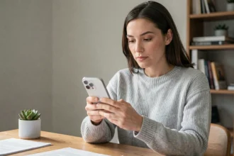 Femme analysant un iPhone 15 reconditionné dans un bureau minimaliste en 2026