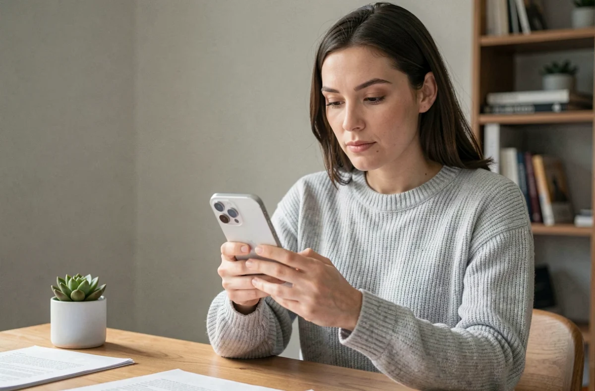 Femme analysant un iPhone 15 reconditionné dans un bureau minimaliste en 2026