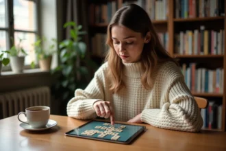 Jeune femme jouant à un jeu de lettres type Wordle sur tablette dans un bureau cosy