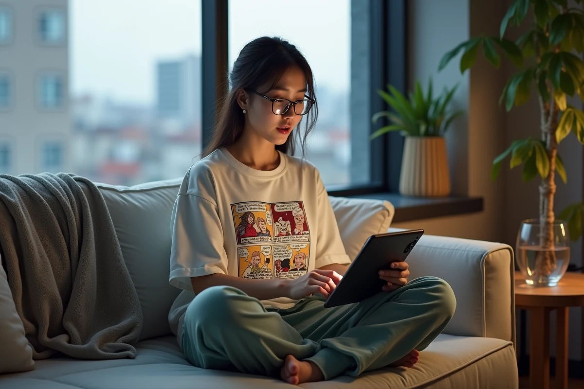 Jeune femme lisant un scan One Piece VOSTFR sur tablette dans un salon avec vue sur la ville