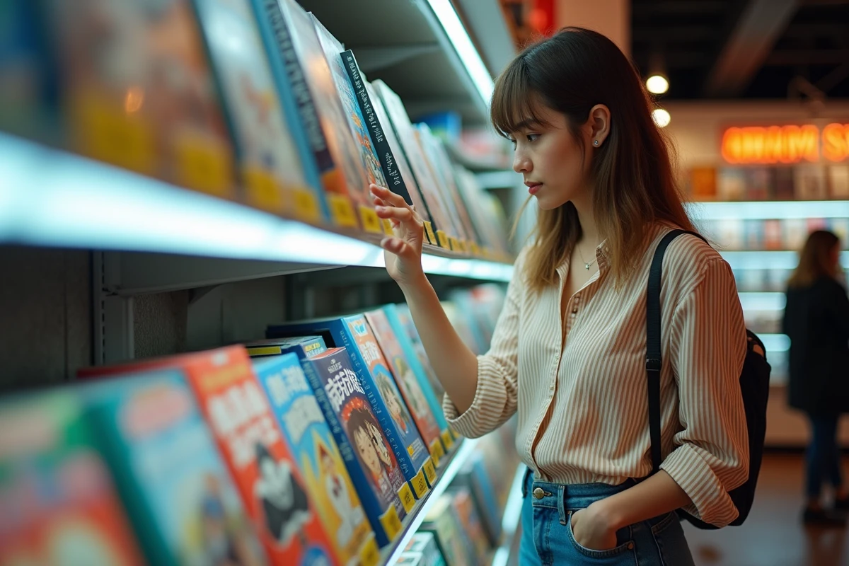 Femme découvrant des volumes de manga dans un rayon de librairie spécialisée en bandes dessinées japonaises