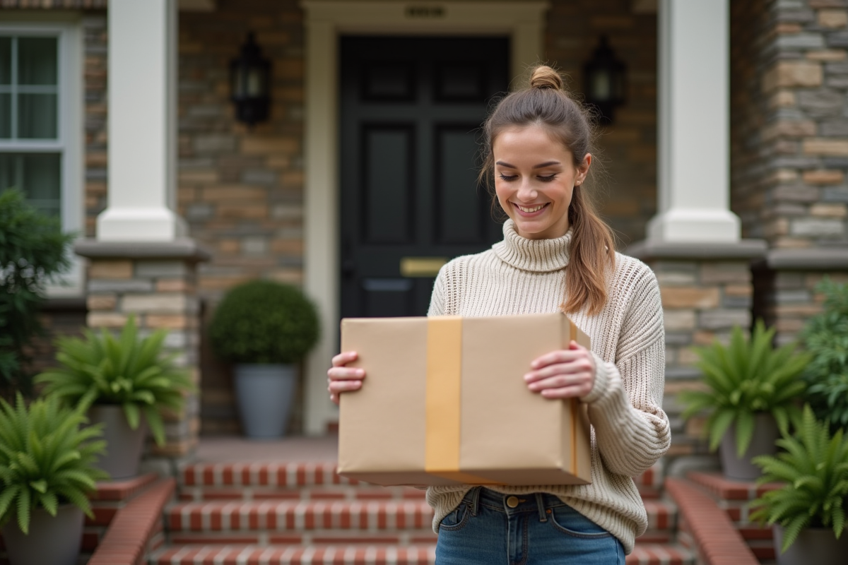Jeune femme recevant un colis avec sourire à la porte