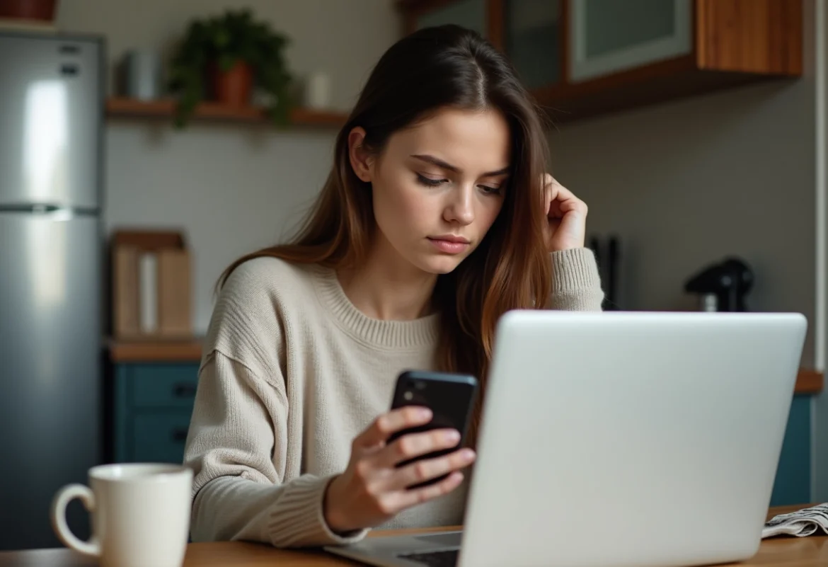 Jeune femme avec ordinateur et smartphone dans une cuisine moderne