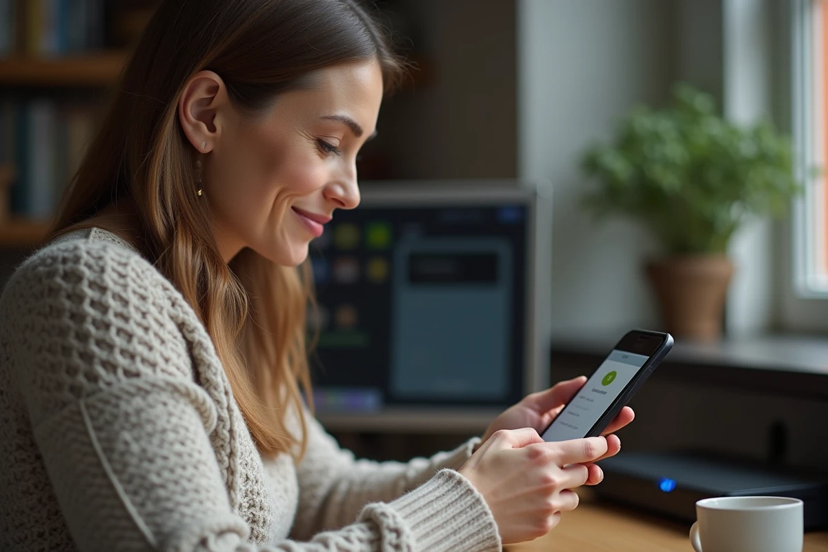 Femme vérifiant les paramètres réseau sur son smartphone