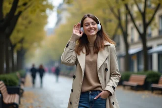Femme marchant dans Paris en écoutant un livre audio