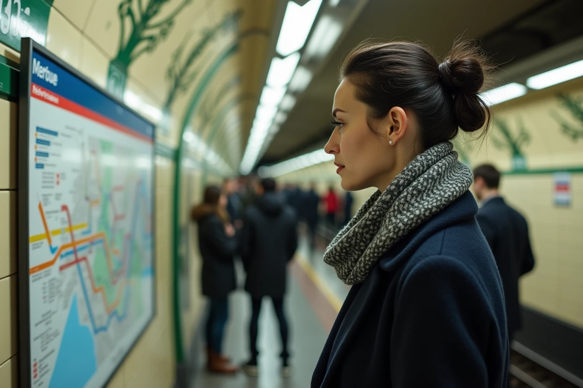 Femme parisienne étudiant le plan du métro de Paris affiché sur le mur d'une station avec carrelage Art Nouveau