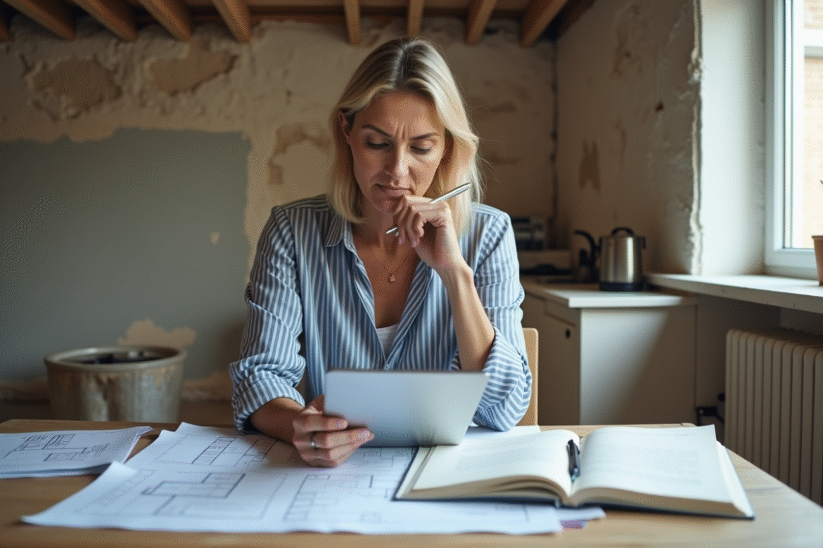 Femme planifiant une rénovation intérieure avec plans et échantillons
