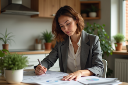 Femme concentrée examinant documents de prêt immobilier