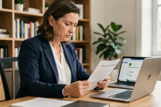 Femme consultant un document de politique de confidentialité à son bureau à domicile, illustrant la protection des données personnelles