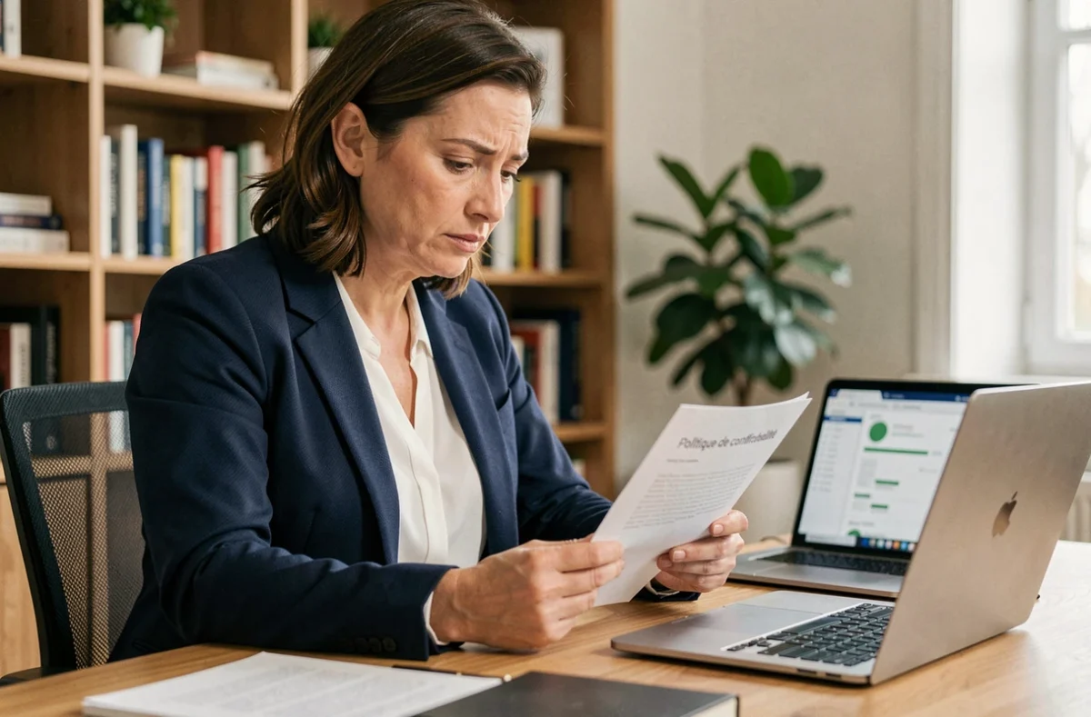 Femme consultant un document de politique de confidentialité à son bureau à domicile, illustrant la protection des données personnelles