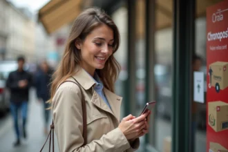 Femme consultant son smartphone pour trouver un point relais Chronopost près de chez elle en milieu urbain
