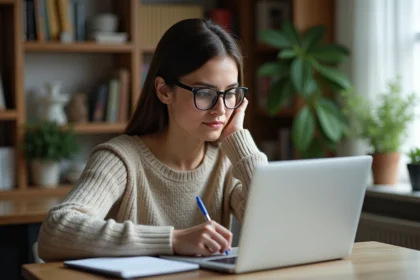 Femme concentrée travaillant sur son ordinateur dans un intérieur cosy