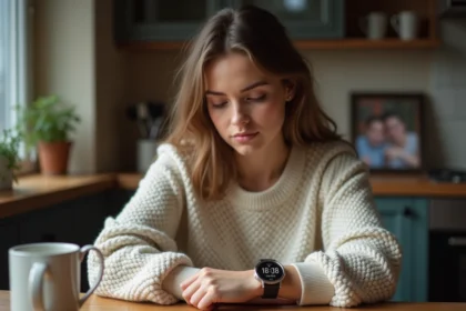 Jeune femme contemplant sa montre dans une ambiance chaleureuse