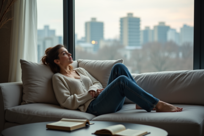 Femme assise sur un canapé dans un salon moderne en réflexion
