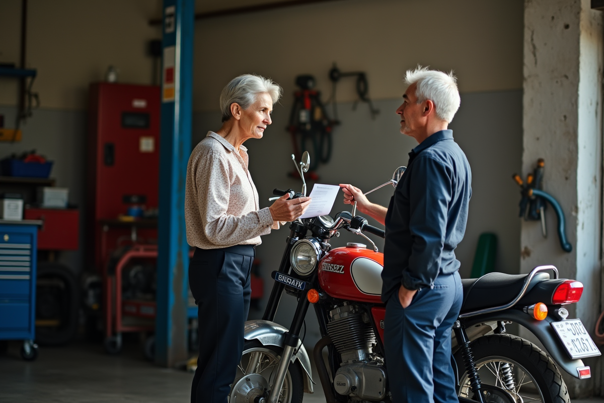 Femme et mécanicien discutent d une moto usée dans un garage