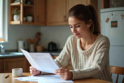 Femme réfléchie vérifiant ses documents de prêt étudiant