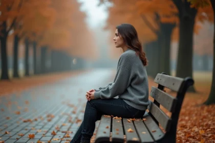 Femme seule et pensive assise sur un banc dans un parc automnal, évoquant la solitude et l'introspection