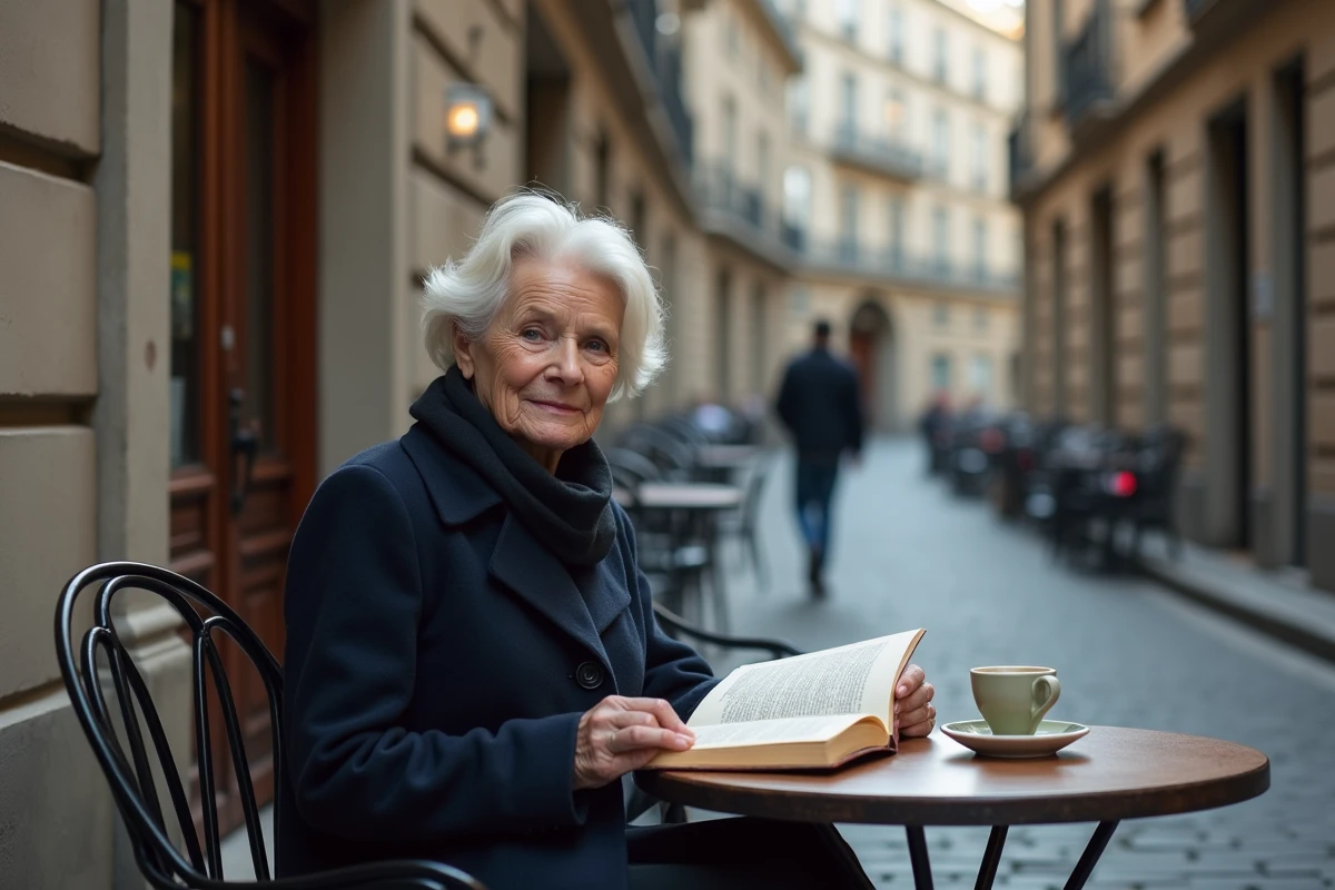 Femme âgée lisant seule à une terrasse de café vide dans une rue pavée européenne, solitude apaisée et assumée