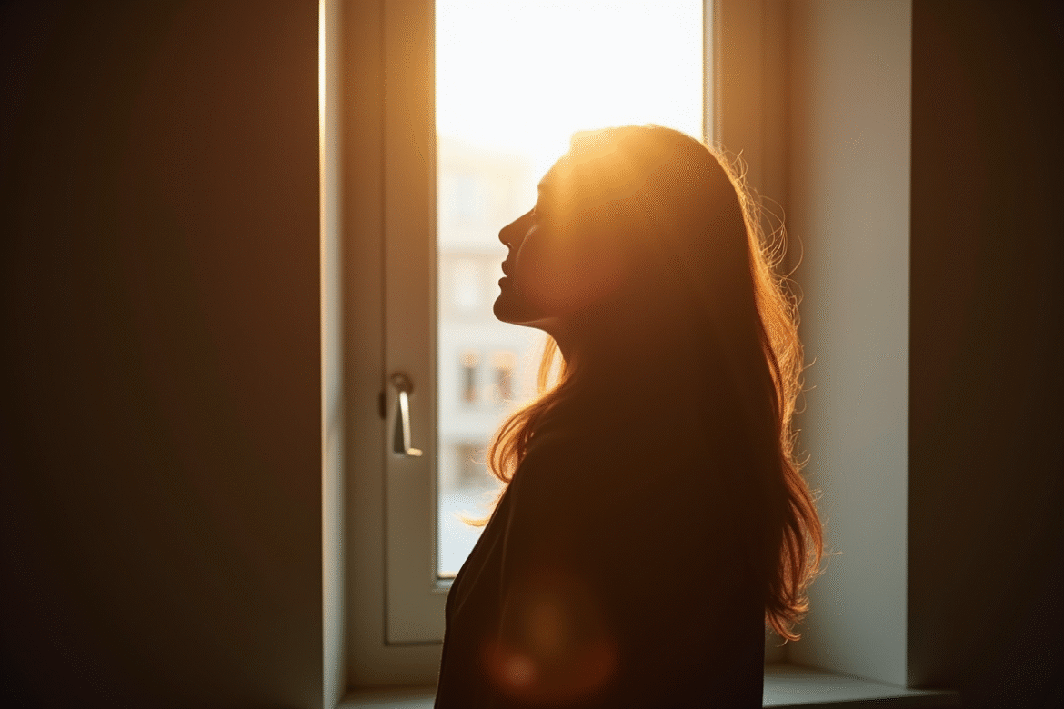 Silhouette d'une femme près d'une grande fenêtre en lumière naturelle