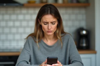 Femme frustrée consultant son smartphone affichant une ligne coupée dans une cuisine moderne