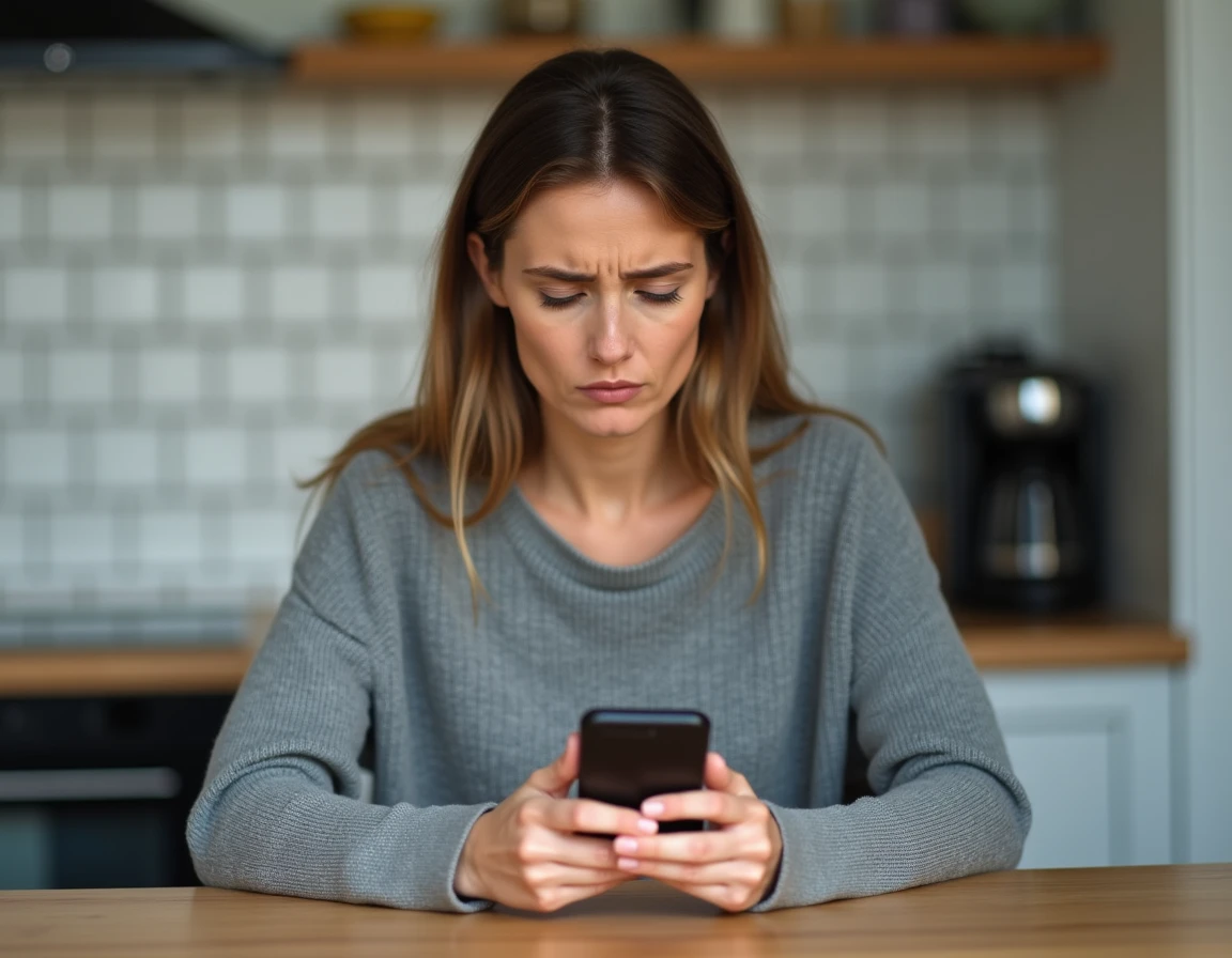 Femme frustrée consultant son smartphone affichant une ligne coupée dans une cuisine moderne