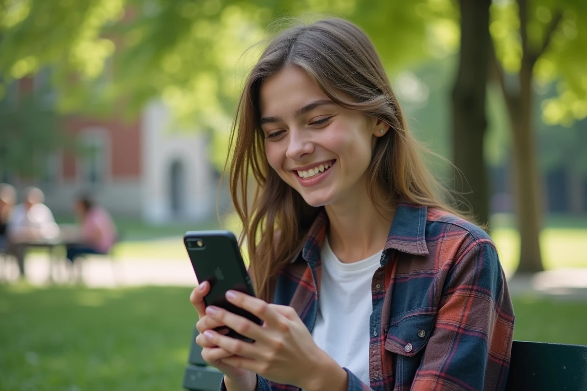 Jeune femme souriante tenant son smartphone dans un parc