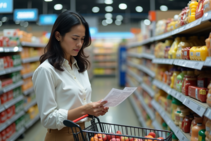 Femme d'âge moyen vérifiant un ticket de caisse dans un supermarché