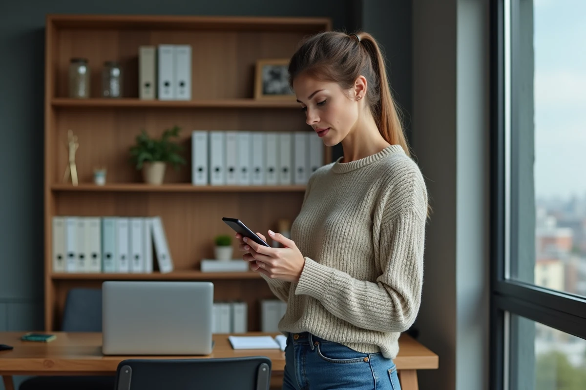 Femme regardant son historique d appels dans un bureau à domicile