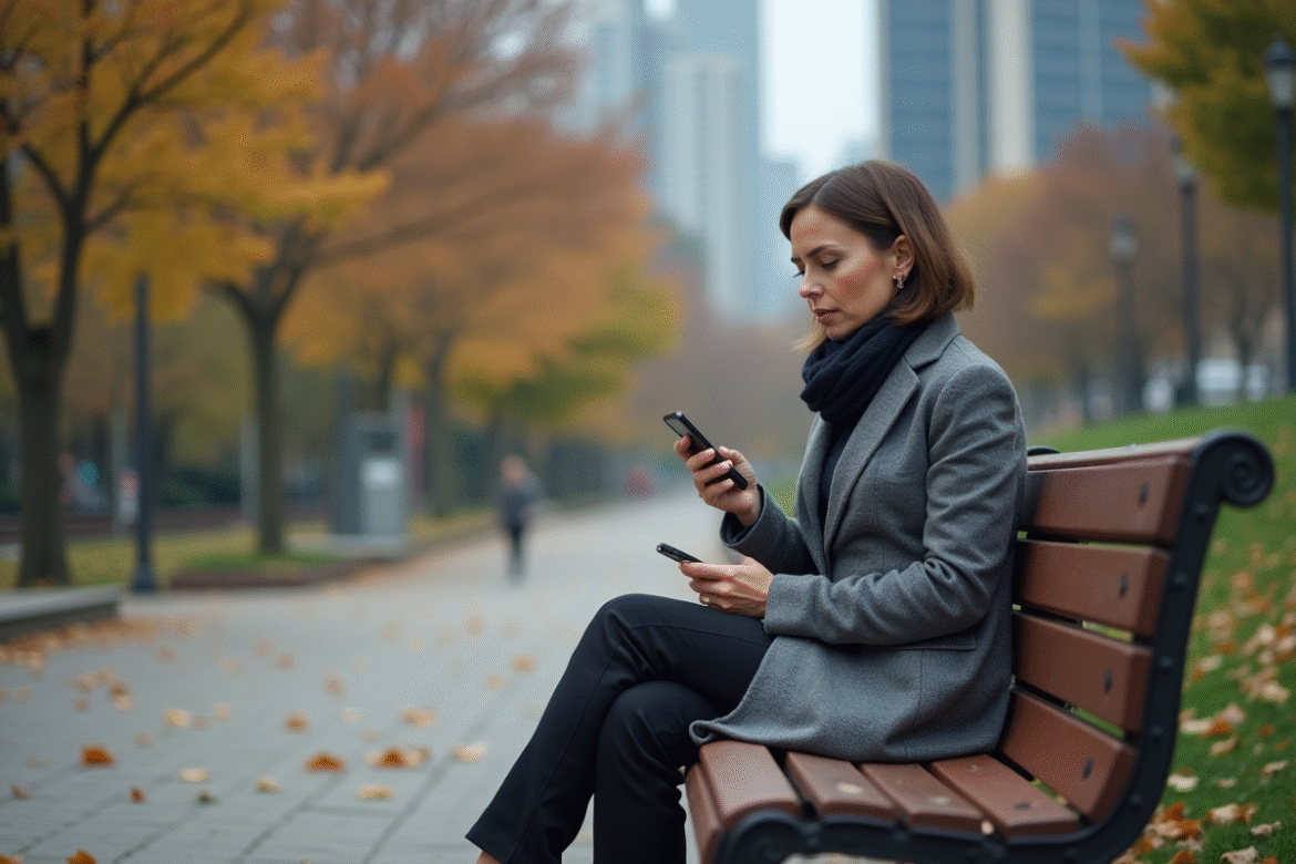 Femme d'âge moyen seule sur un banc urbain en automne