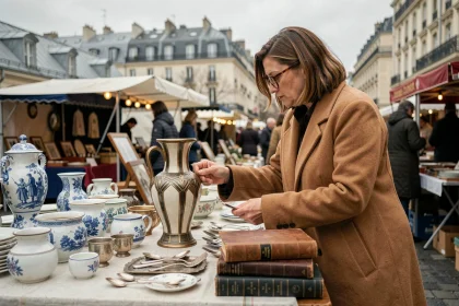 Femme examinant un vase Art Déco vintage au marché aux puces de la Porte de Vanves à Paris