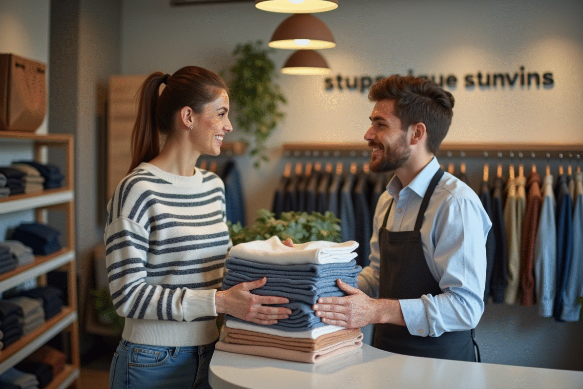 Femme souriante donnant des vêtements dans une boutique vintage