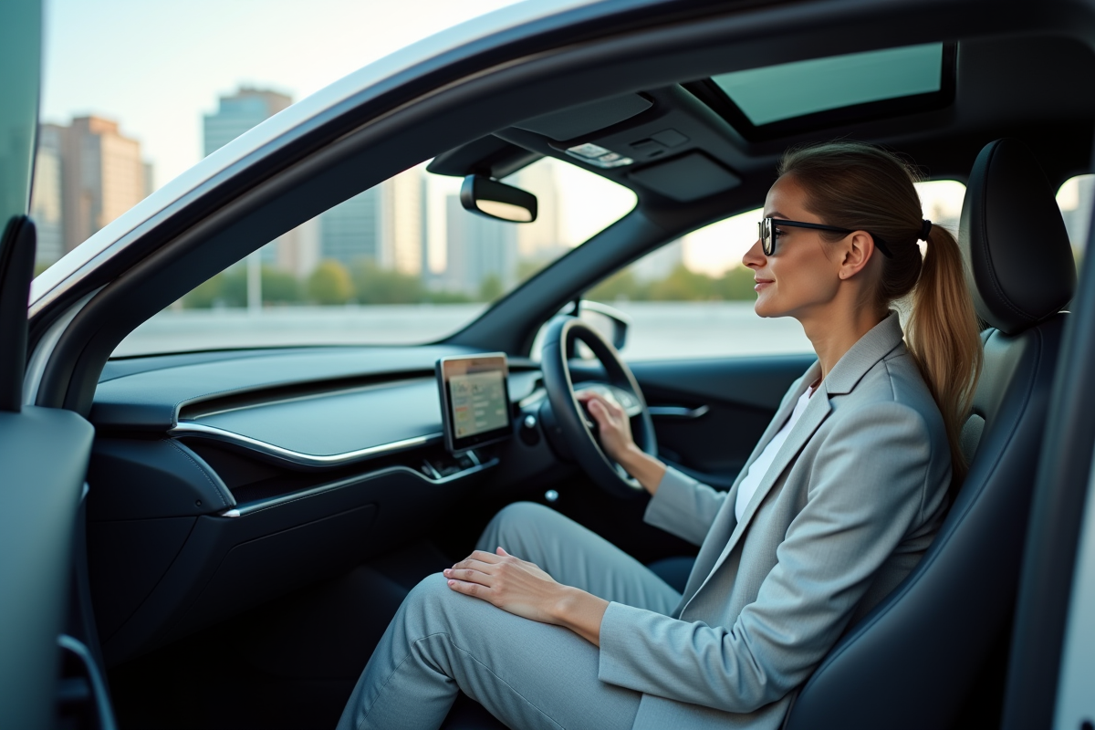 Femme dans une voiture à hydrogène consulte le tableau de bord
