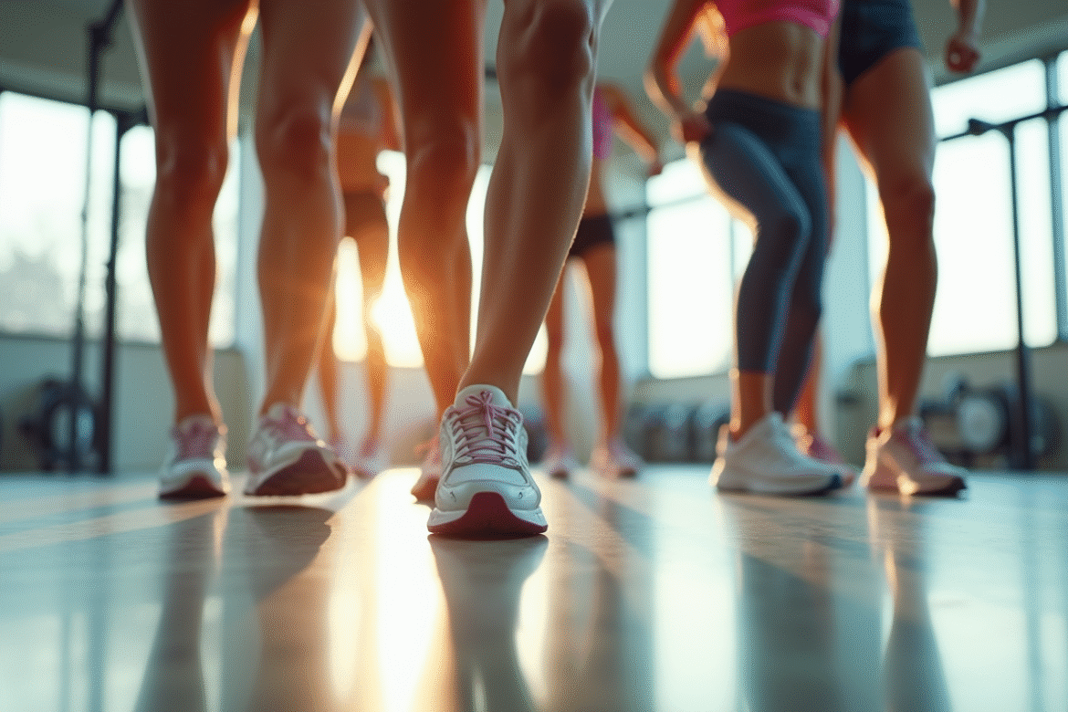 Femmes en entraînement dans une salle lumineuse avec chaussures colorées