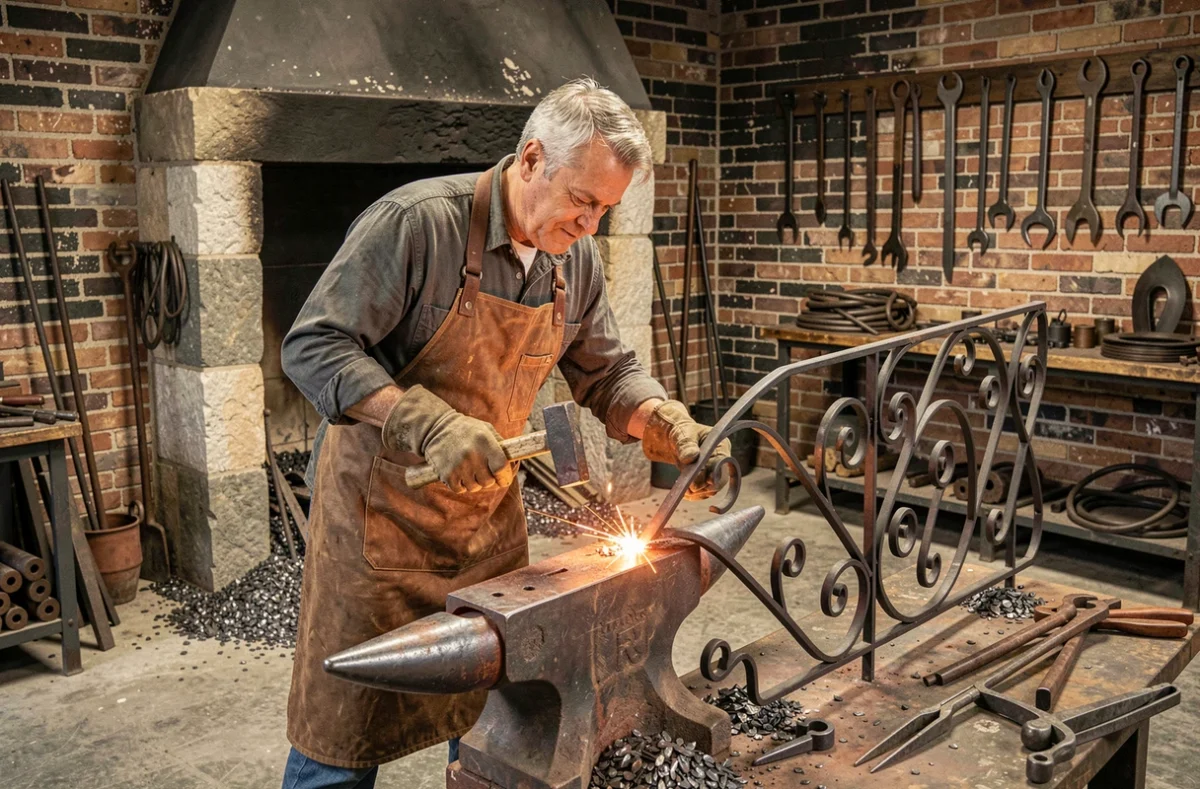 Ferronnerie Gaertner, ferronnier forgeant un élément de ferronnerie décorative sur enclume dans un atelier de forge alsacien