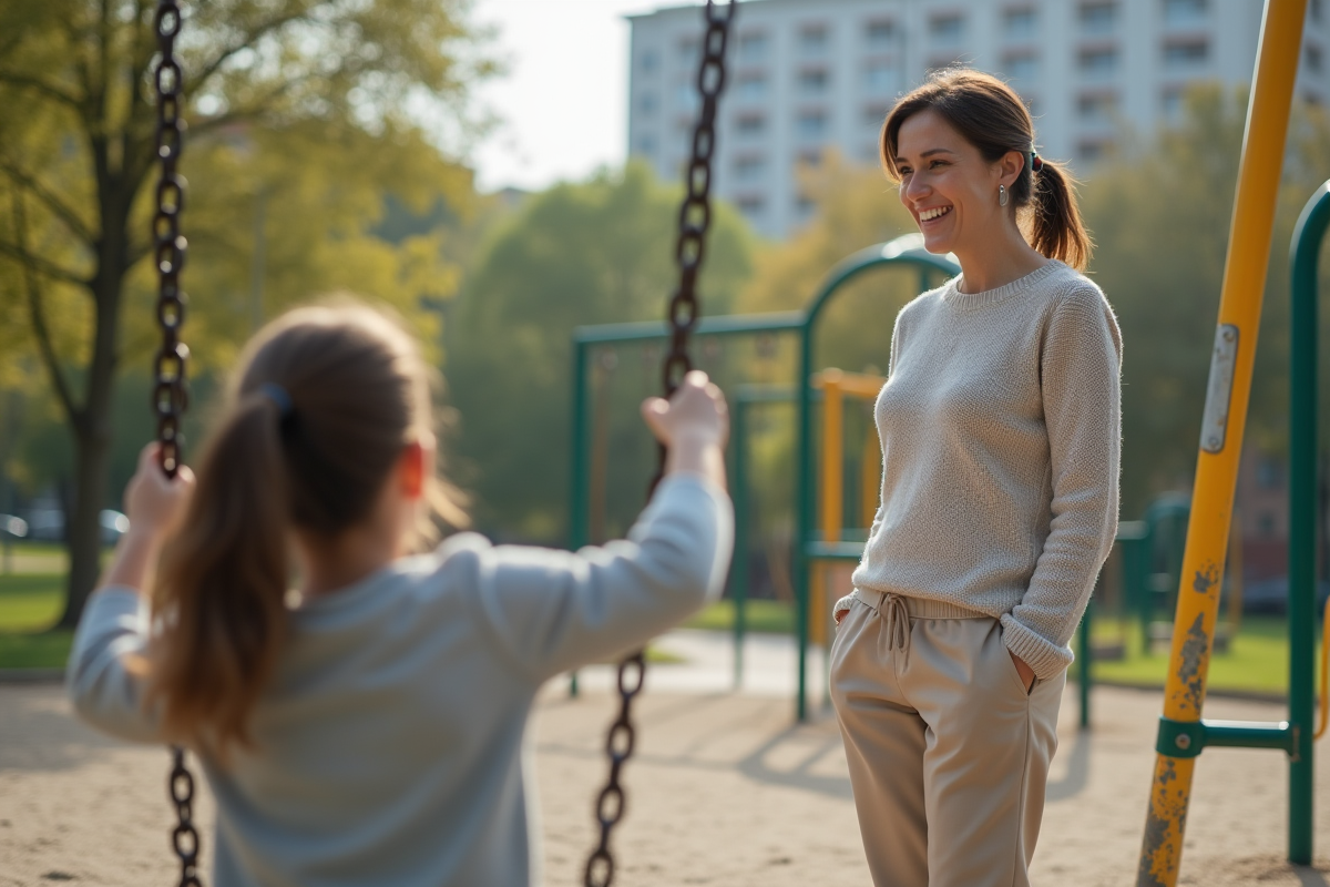 Fille jouant sur une balançoire dans un parc urbain