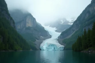 Fjord de l'Alaska avec cicatrice géologique massive sur les flancs montagneux, témoignage du tsunami de Lituya Bay en 1958