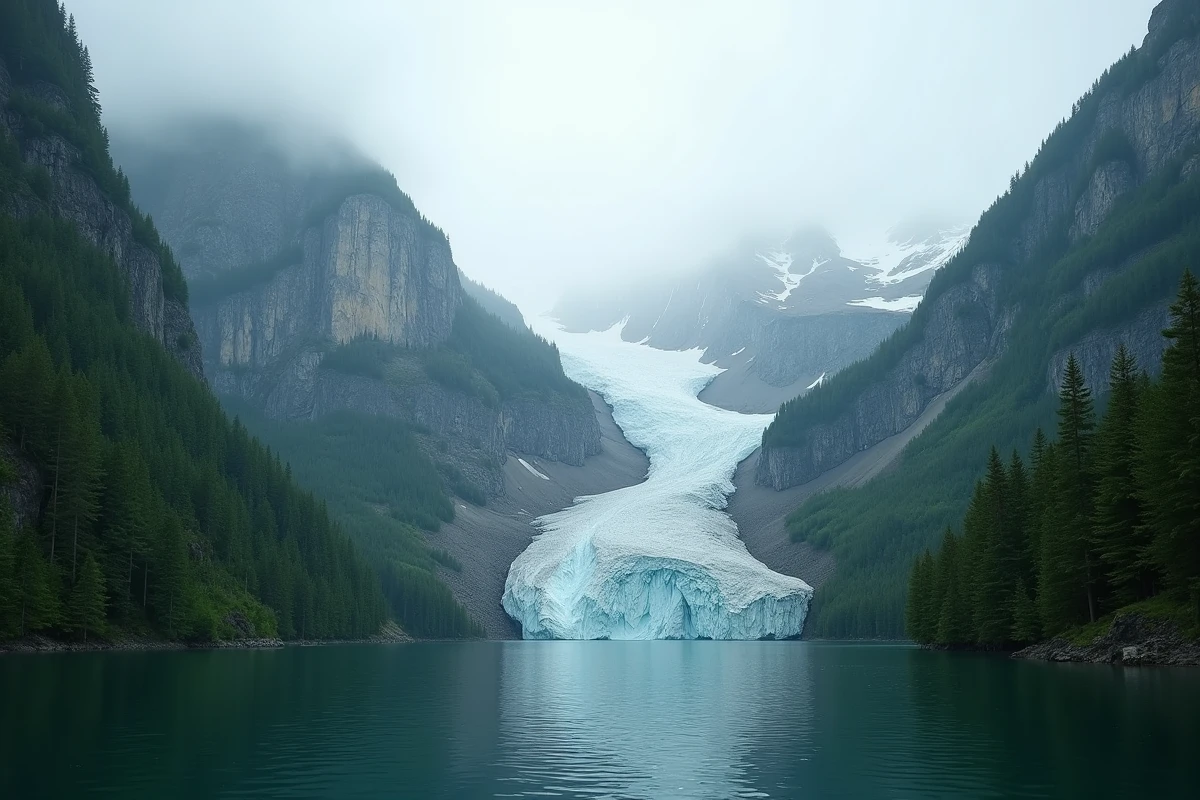 Fjord de l'Alaska avec cicatrice géologique massive sur les flancs montagneux, témoignage du tsunami de Lituya Bay en 1958